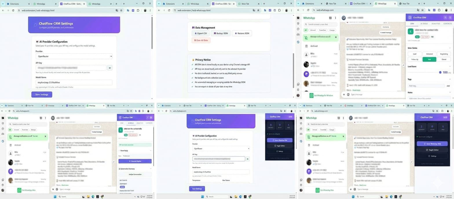 ChatFlow CRM sidebar panel in WhatsApp Web
